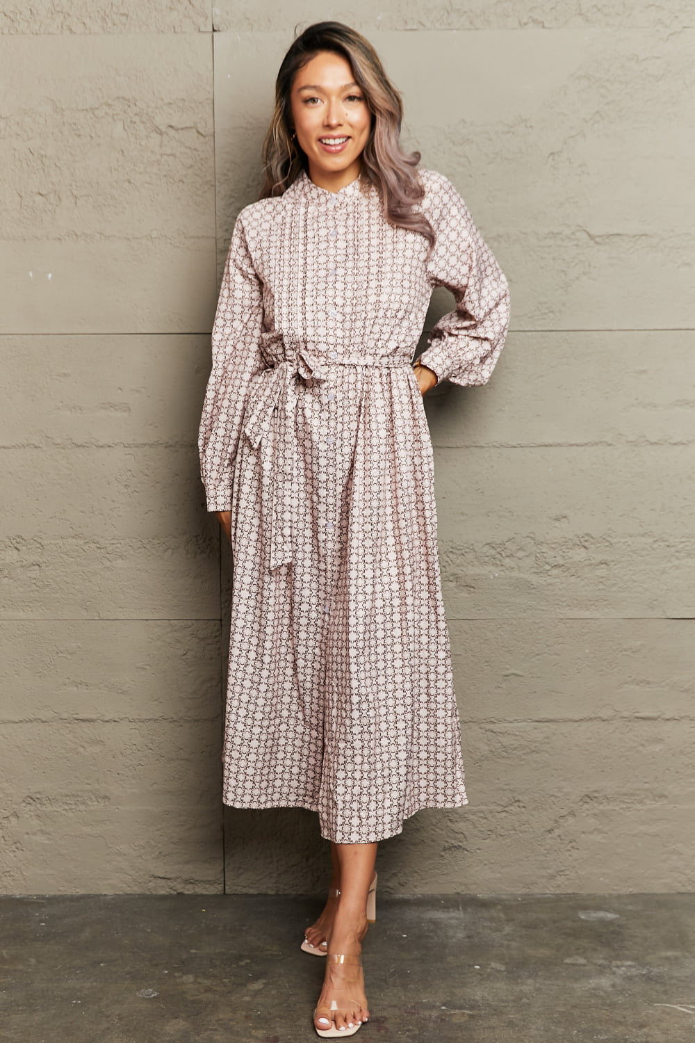 Perfee Printed Tie Waist Long Sleeve Dress – Trendsi | ClozArt