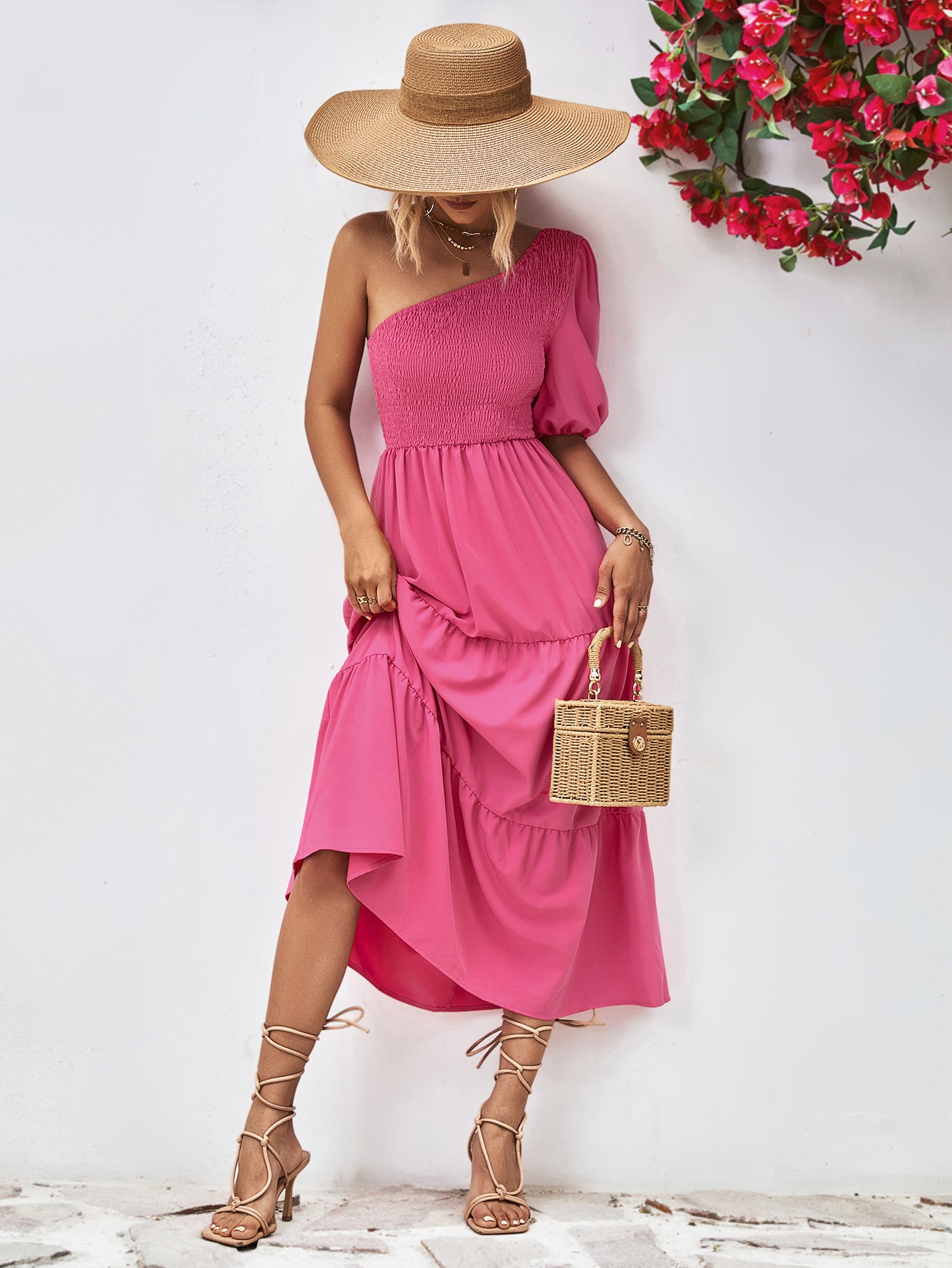 Smocked One-Shoulder Midi Dress – Trendsi | ClozArt