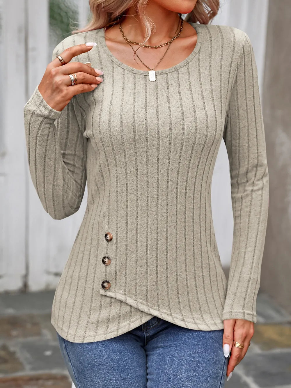 Decorative Button Round Neck Long Sleeve T-Shirt – Trendsi | ClozArt