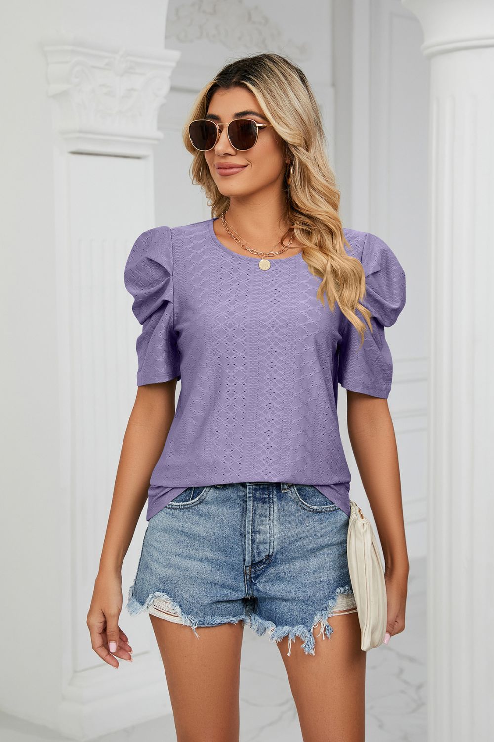 Eyelet Puff Sleeve Round Neck Blouse – Trendsi | ClozArt