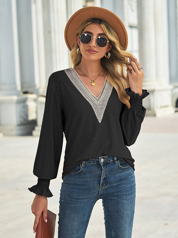 V-Neck Eyelet Flounce Sleeve Blouse – Trendsi | ClozArt