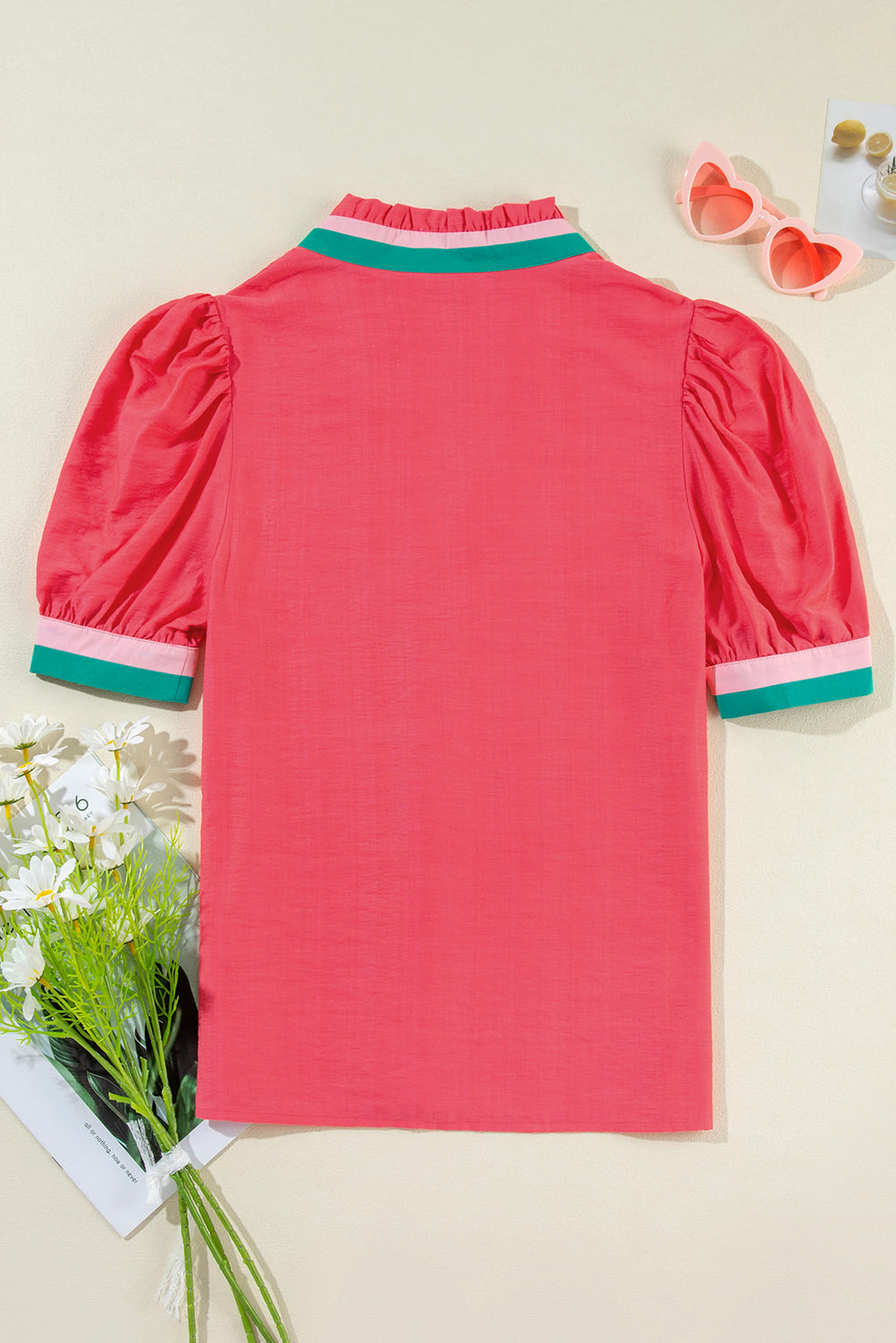 Bright Green Puff Sleeve Pop of Color Neckline Blouse – Shewin | ClozArt