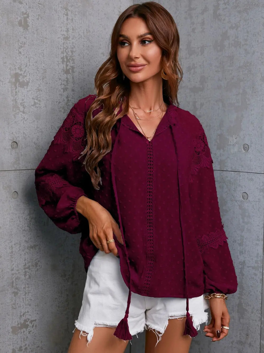 Crochet Tassel Tie Neck Long Sleeve Blouse – Trendsi | ClozArt