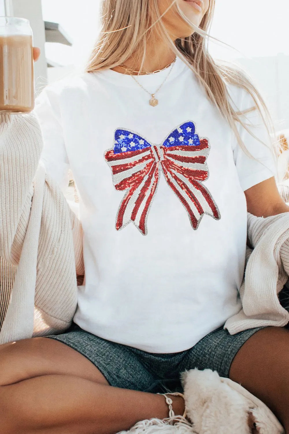 USA Flag Bow Knot Patched Crew Neck T Shirt – Trendsi | ClozArt