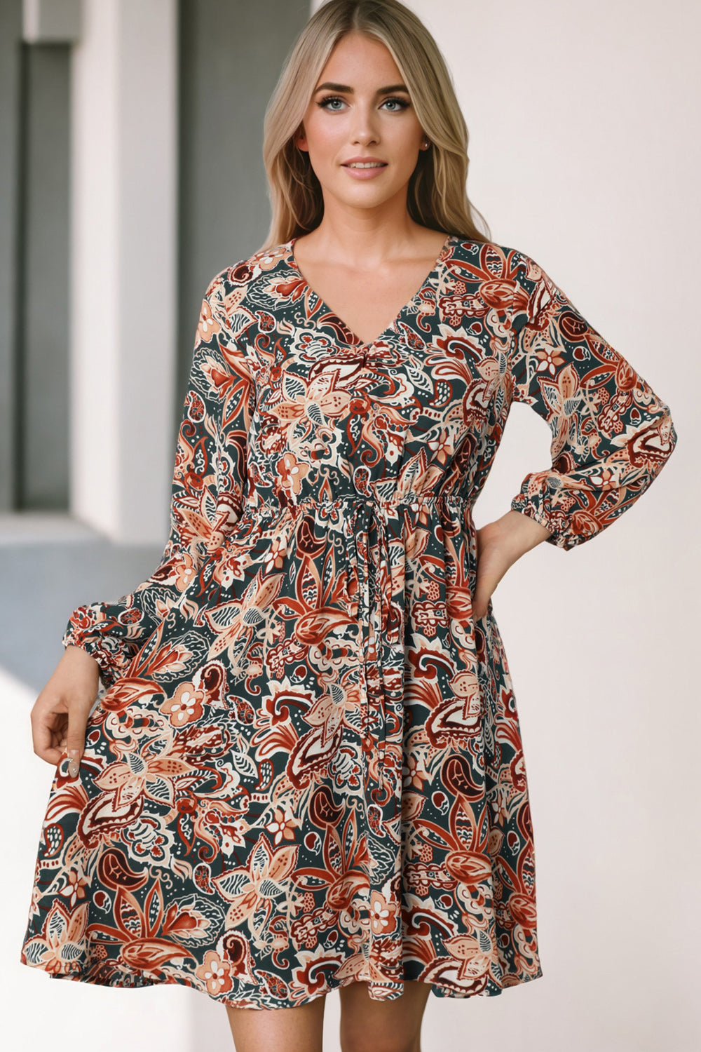 Printed V-Neck Mini Dress – Trendsi | ClozArt