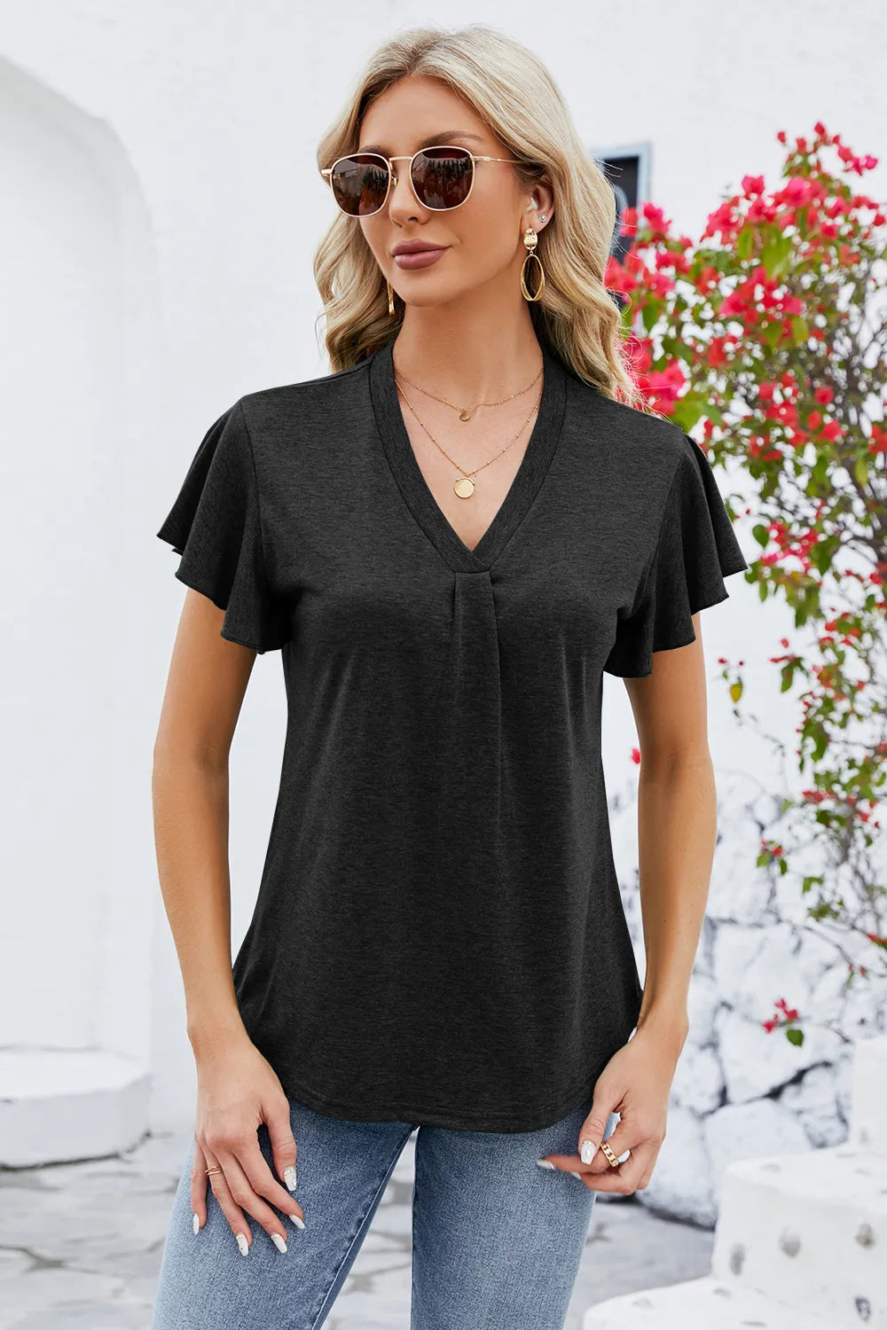 V-Neck Flutter Sleeve T-Shirt – Trendsi | ClozArt