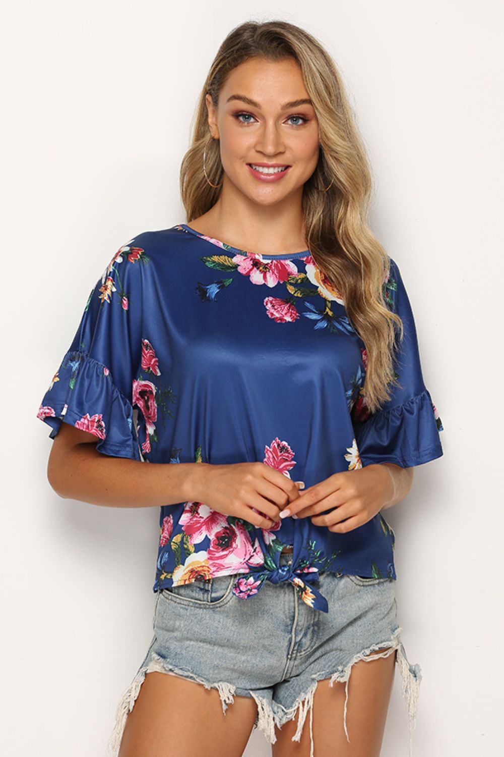 Shiny Floral Tie Hem Flounce Sleeve Top – Trendsi | ClozArt