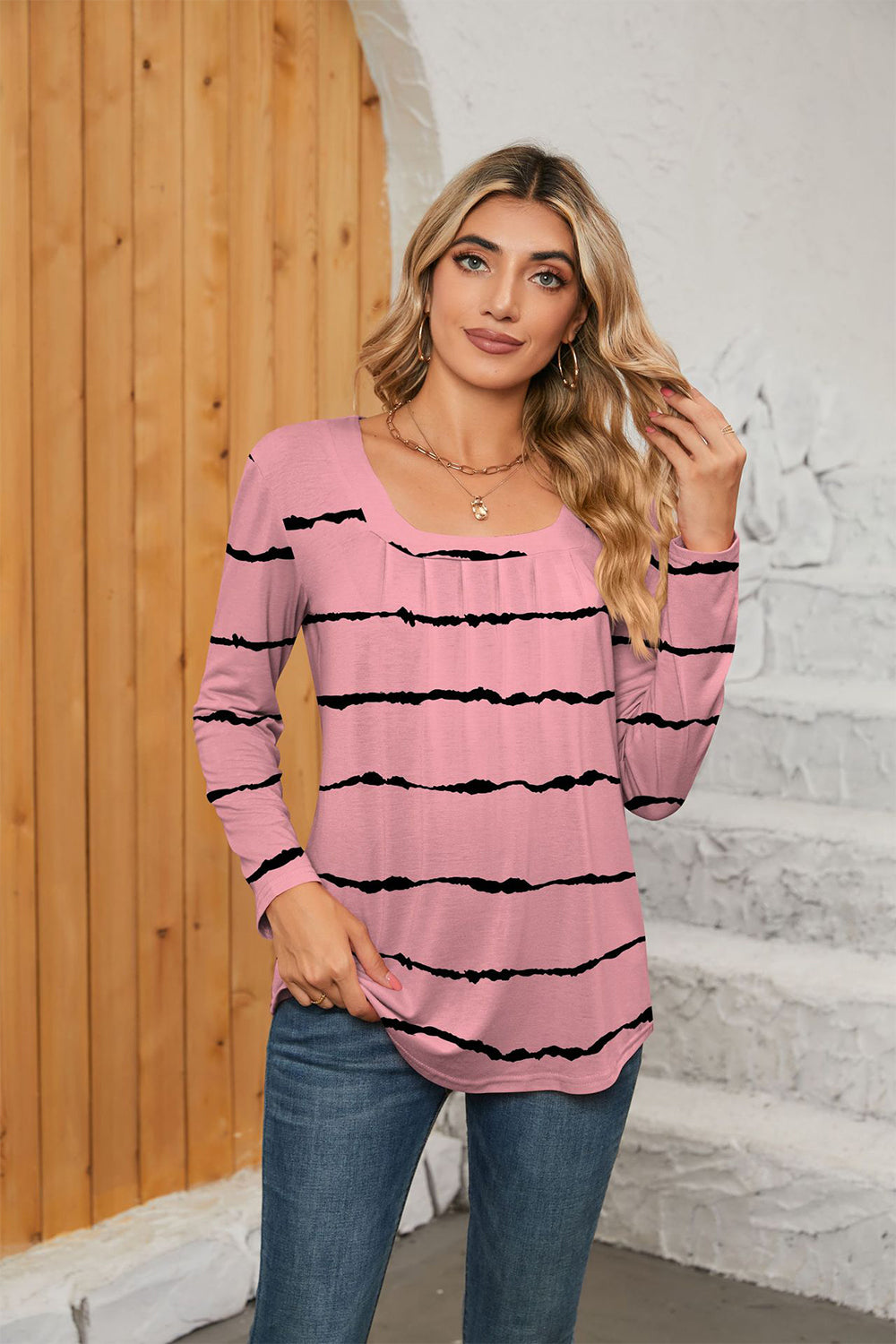 Printed Square Neck Long Sleeve Blouse – Trendsi | ClozArt