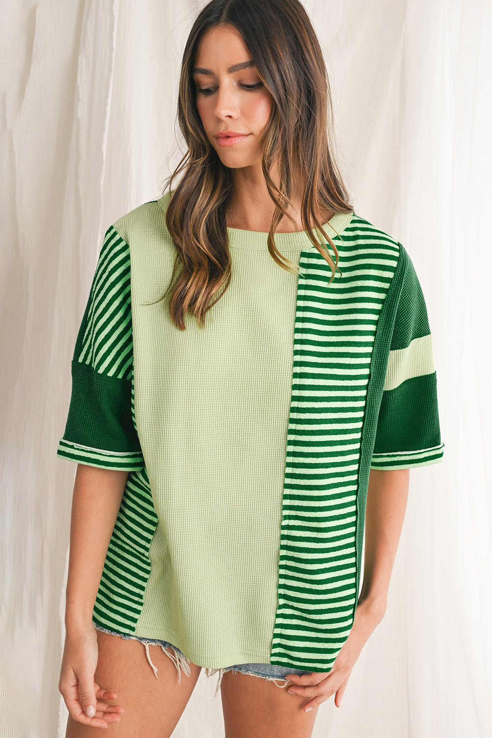 Mint Green Striped Patchwork Half Sleeve T Shirt – Shewin | ClozArt