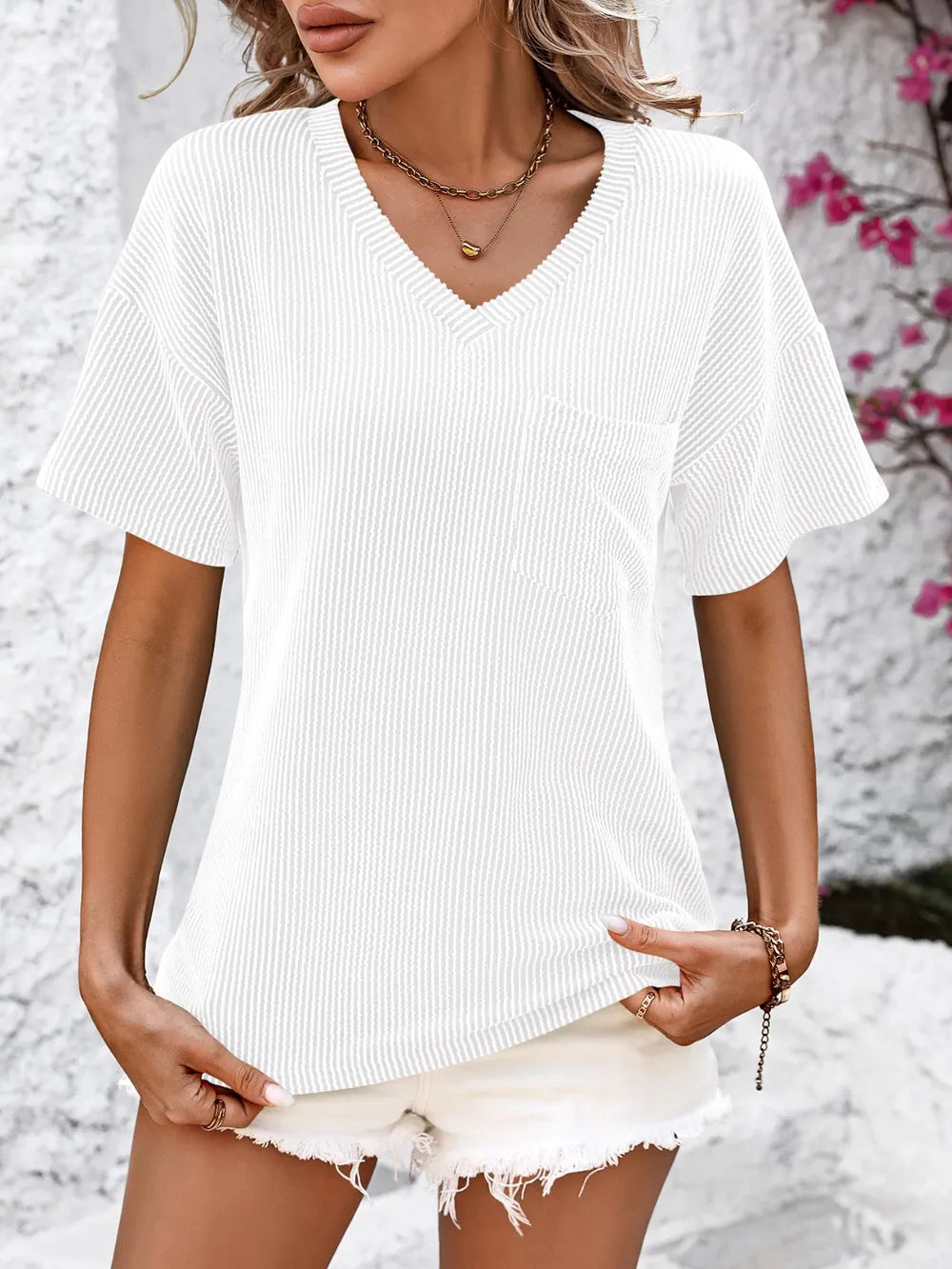 Mandy V-Neck Dropped Shoulder T-Shirt – Trendsi | ClozArt