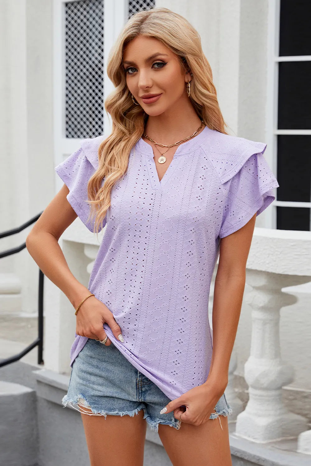Eyelet Notched Short Sleeve T-Shirt – Trendsi | ClozArt