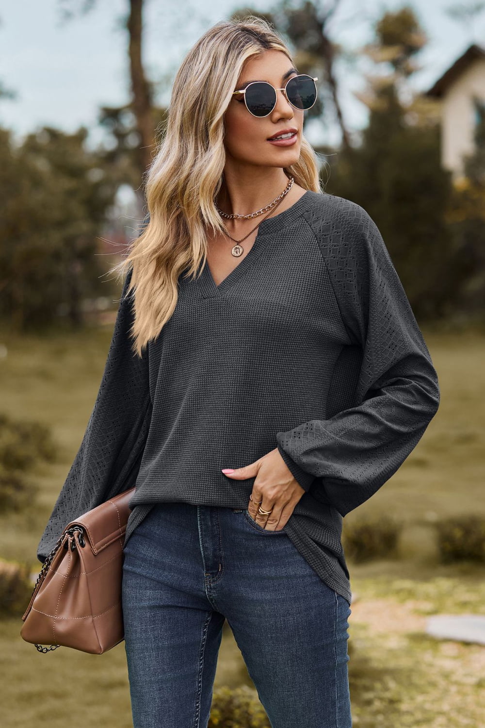 Notched Neck Raglan Sleeve Blouse – Trendsi | ClozArt