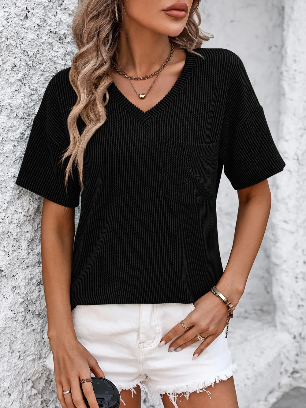 Mandy V-Neck Dropped Shoulder T-Shirt – Trendsi | ClozArt
