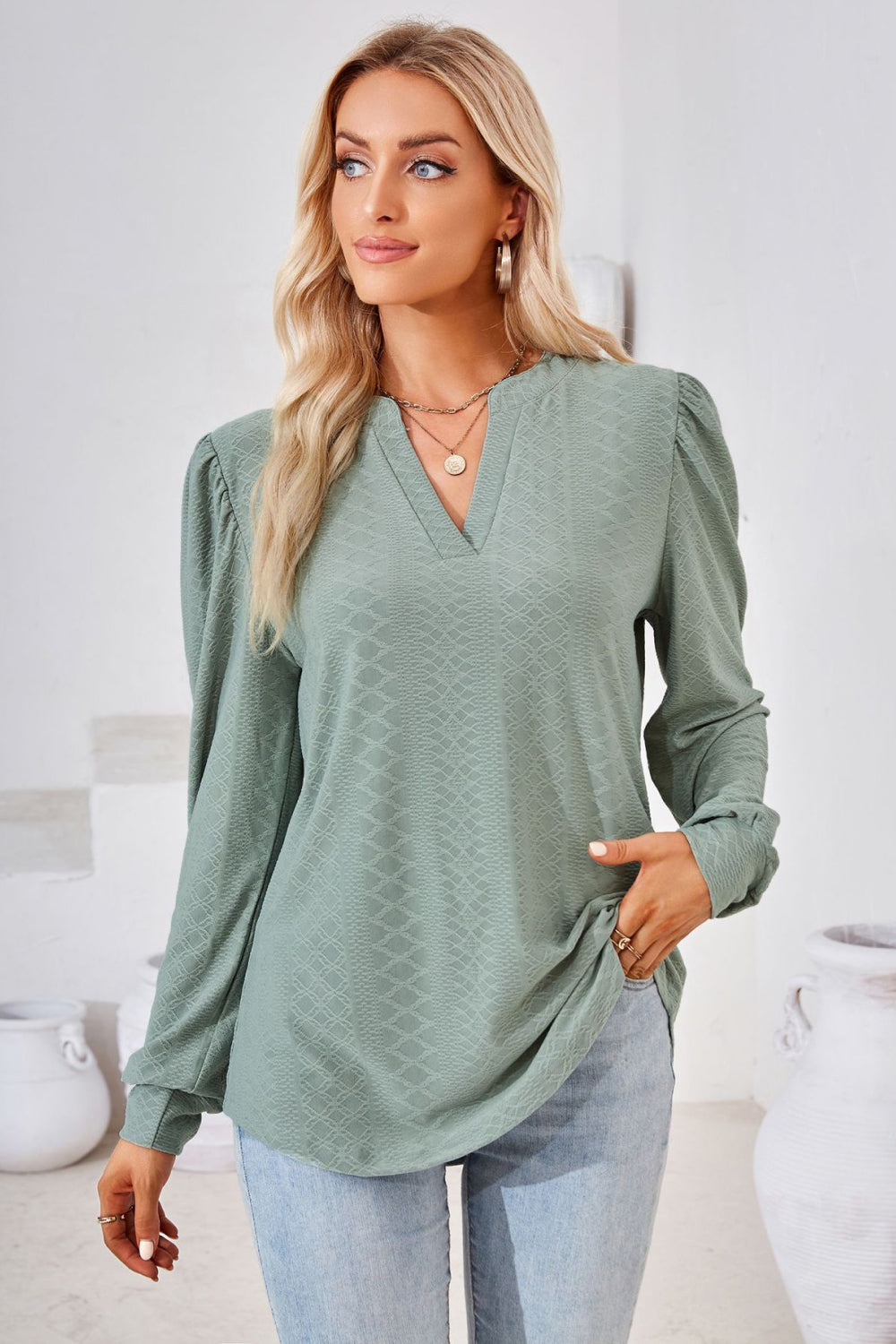 V-Neck Puff Sleeve Blouse – Trendsi | ClozArt