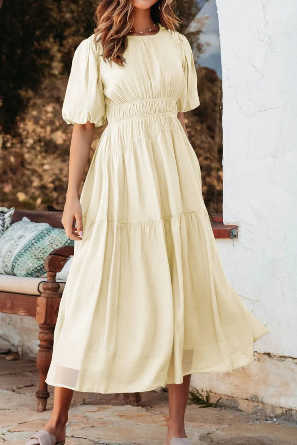 Puff Sleeve Pleated High Waist Flowy Midi Dress – Trendsi | ClozArt