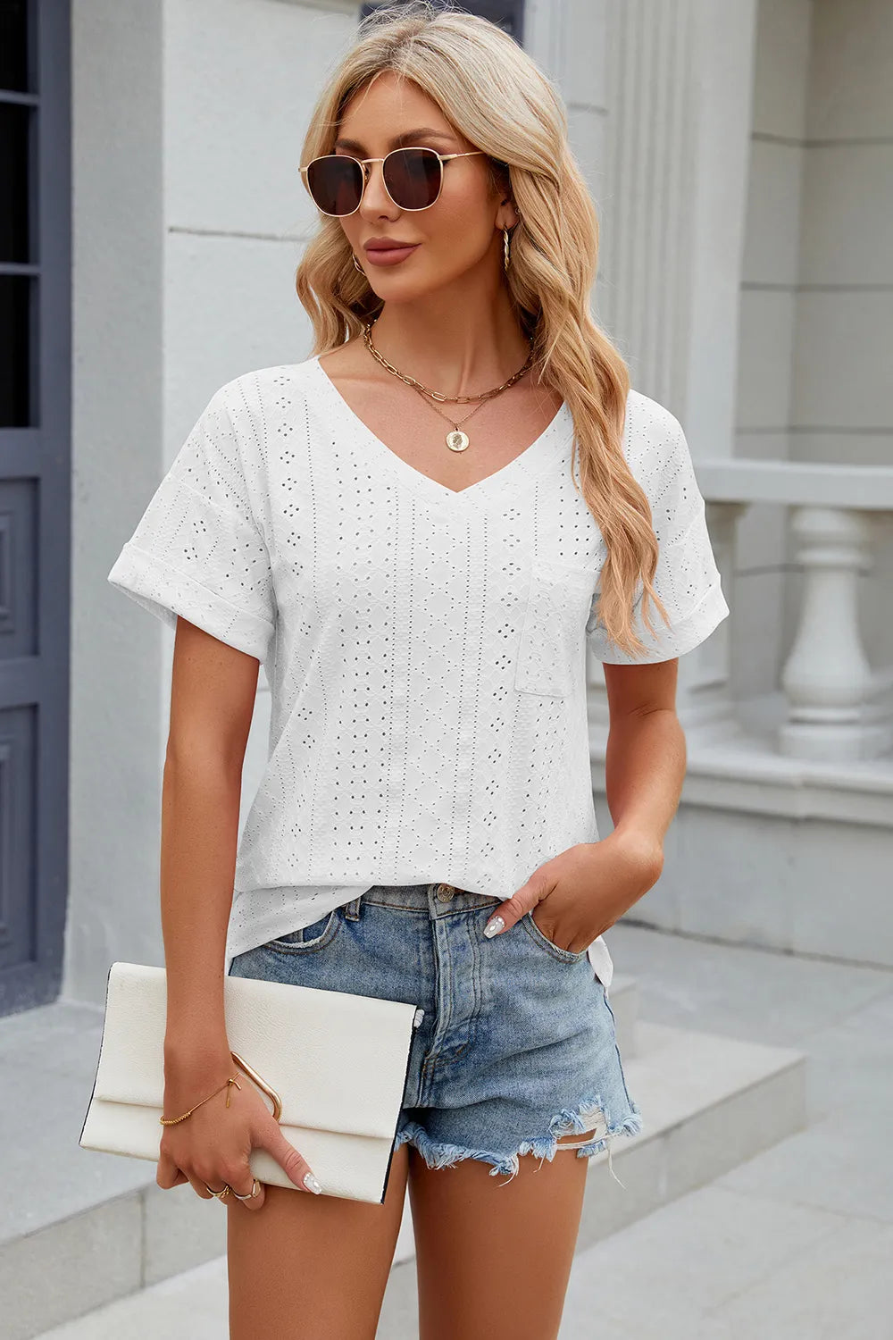 Eyelet V-Neck Short Sleeve T-Shirt – Trendsi | ClozArt