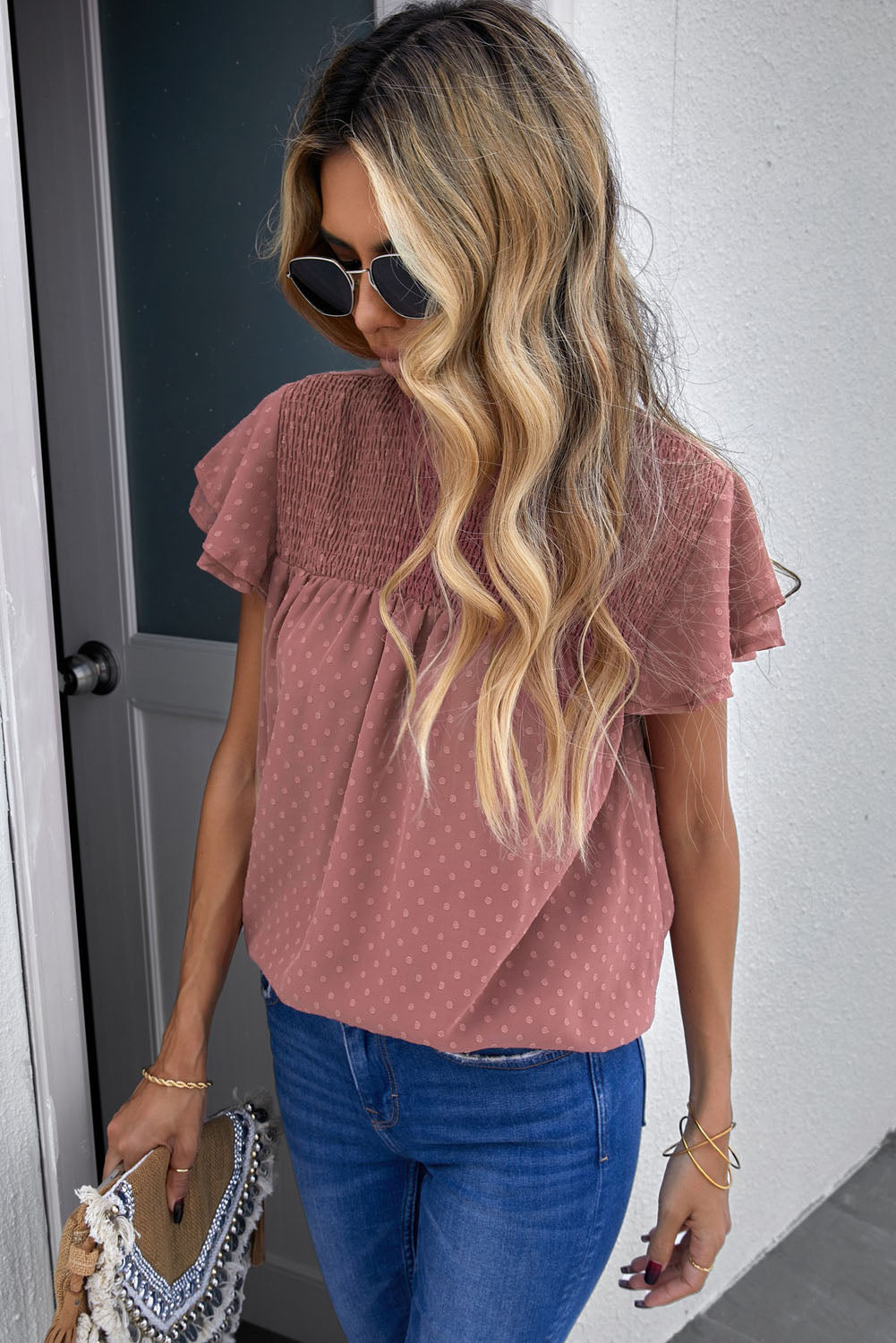 Polka Dot Smocked Flutter Sleeve Blouse – Trendsi | ClozArt