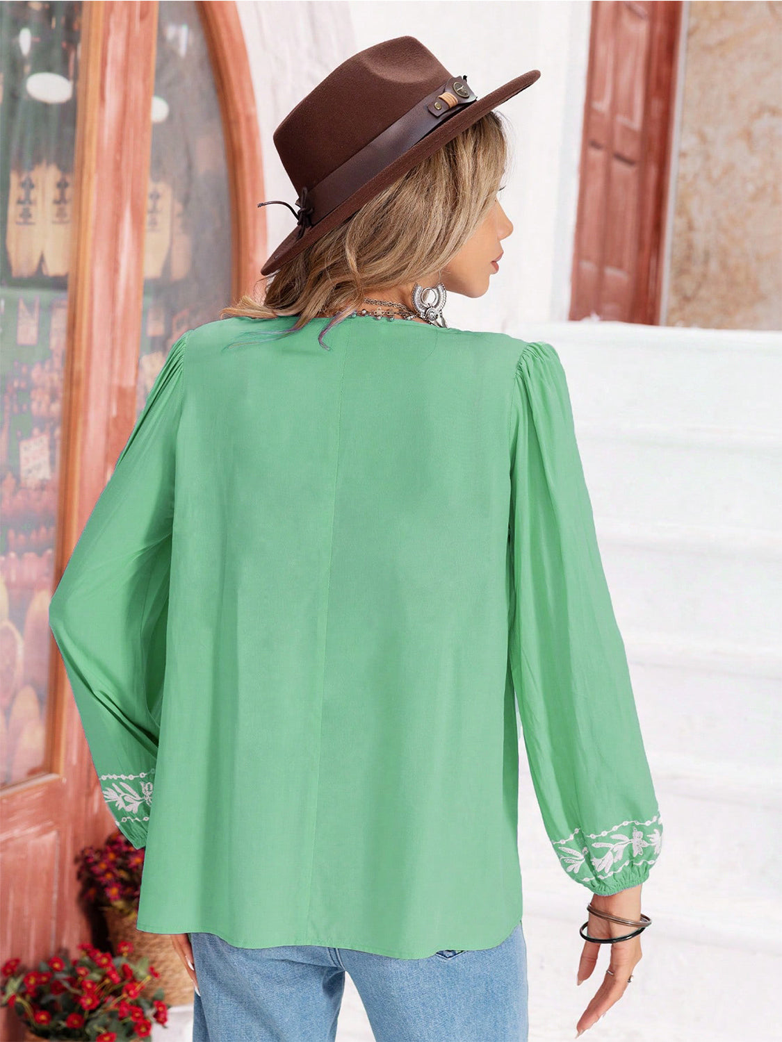 Floral Tie Neck Balloon Sleeve Blouse – Trendsi | ClozArt