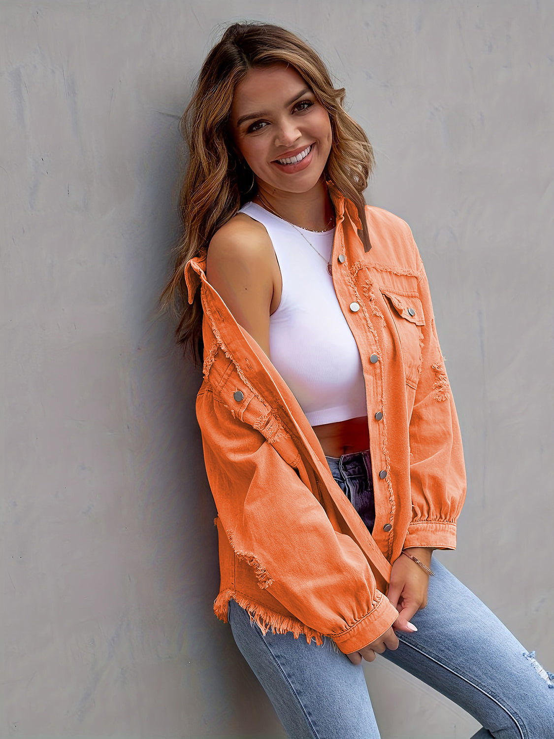 Distressed Drop Shoulder Denim Jacket – Trendsi | ClozArt
