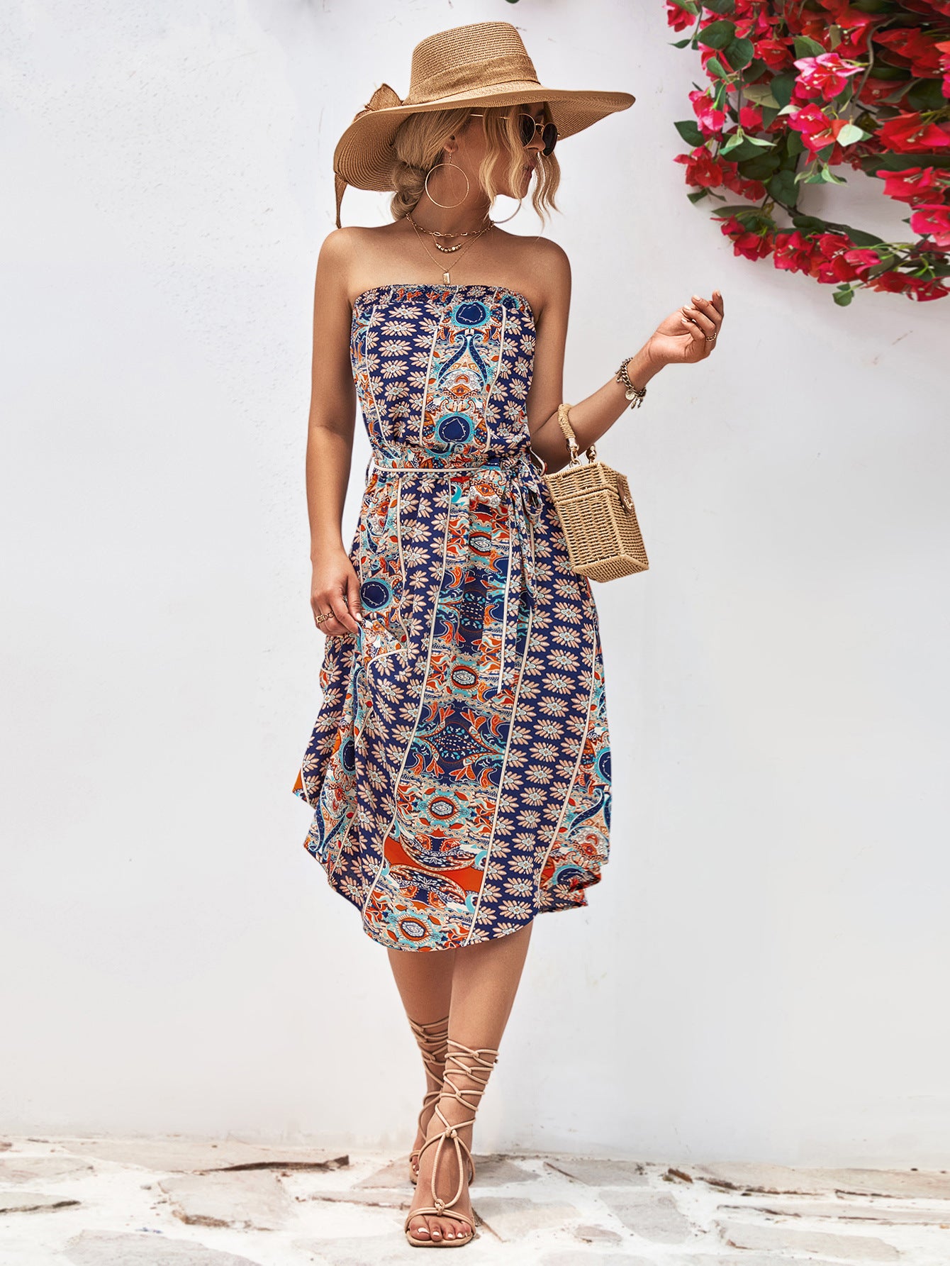 Printed Strapless Tie Belt Dress – Trendsi | ClozArt