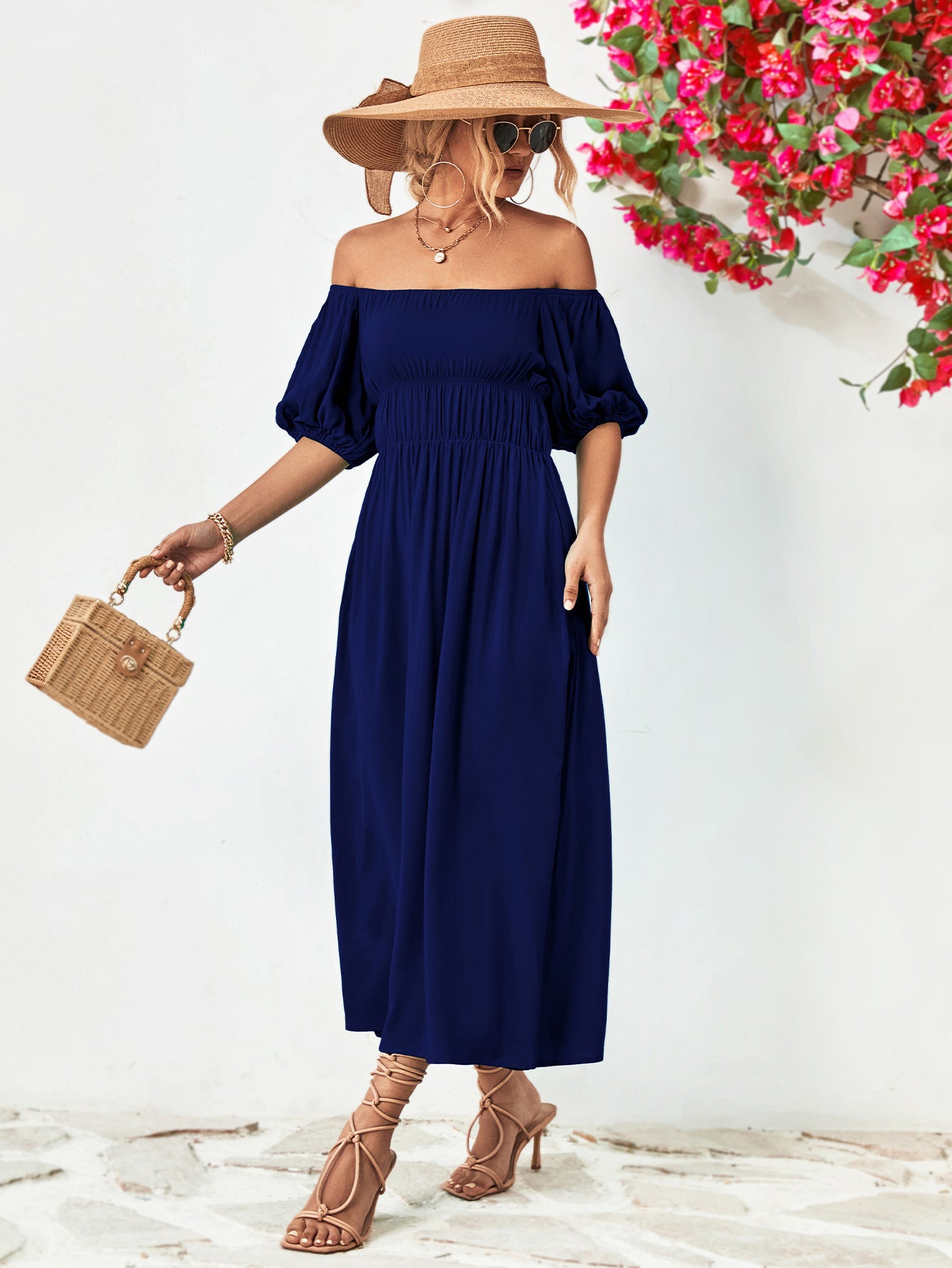 Off-Shoulder Balloon Sleeve Midi Dress – Trendsi | ClozArt