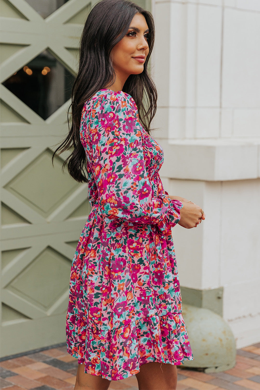 Floral Smocked V-Neck Flounce Sleeve Dress – Trendsi | ClozArt