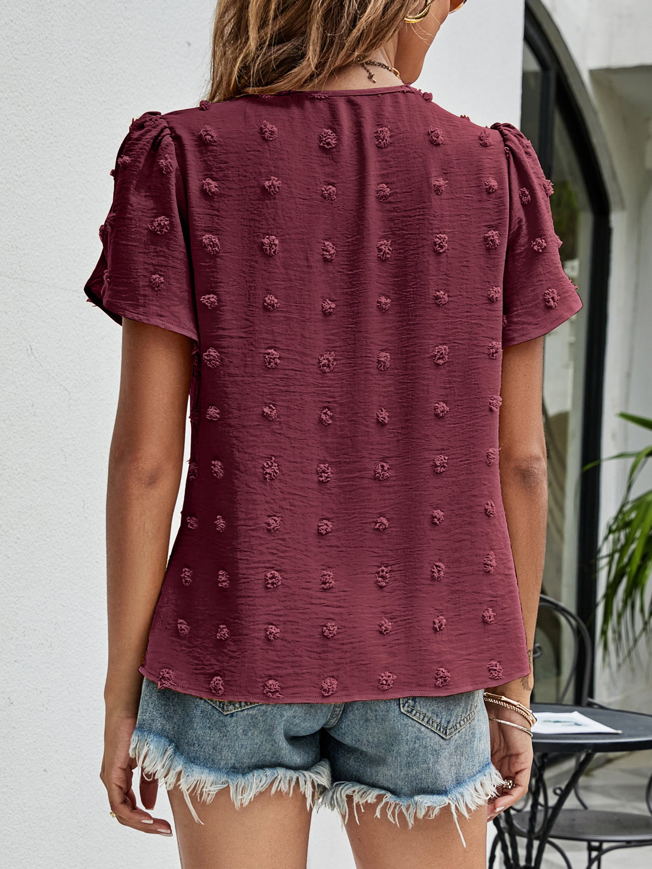 Swiss Dot Round Neck Petal Sleeve Top – Trendsi | ClozArt