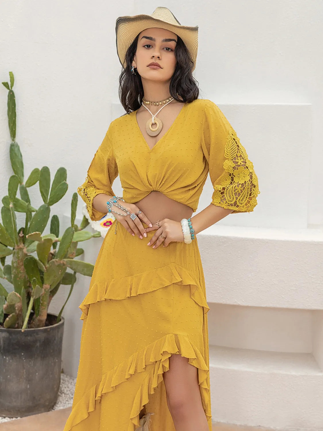 V-Neck Lace Three-Quarter Sleeve Top – Trendsi | ClozArt