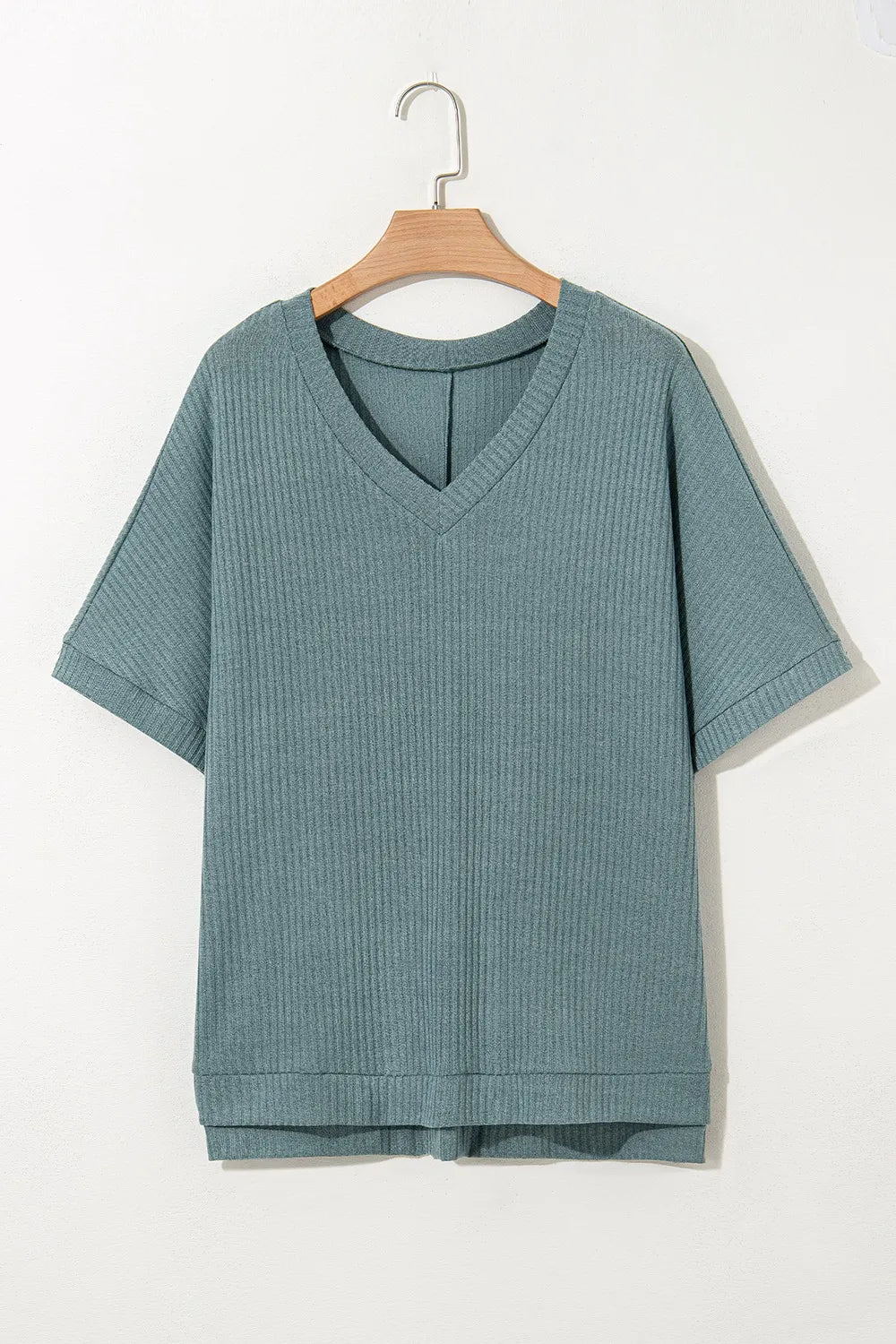 Oversized Ribbed Knit V Neck Dolman Short Sleeve Top – Trendsi | ClozArt