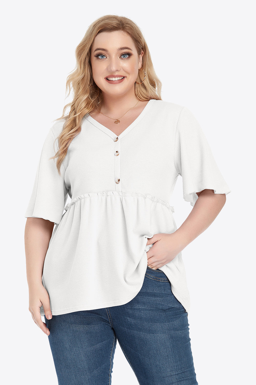 Plus Size Buttoned V-Neck Frill Trim Babydoll Blouse – Trendsi | ClozArt