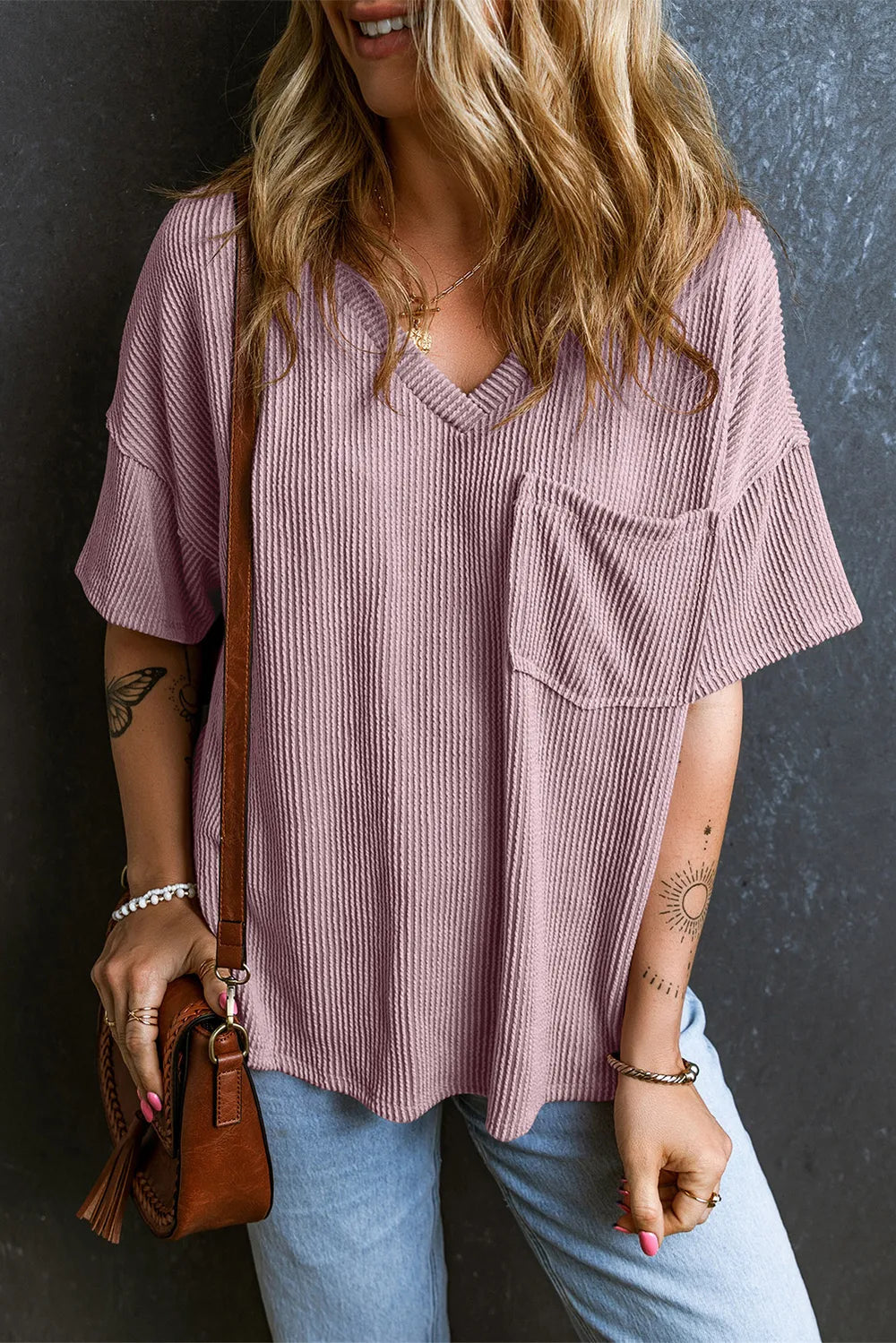 Textured V-Neck Dropped Shoulder T-Shirt – Trendsi | ClozArt