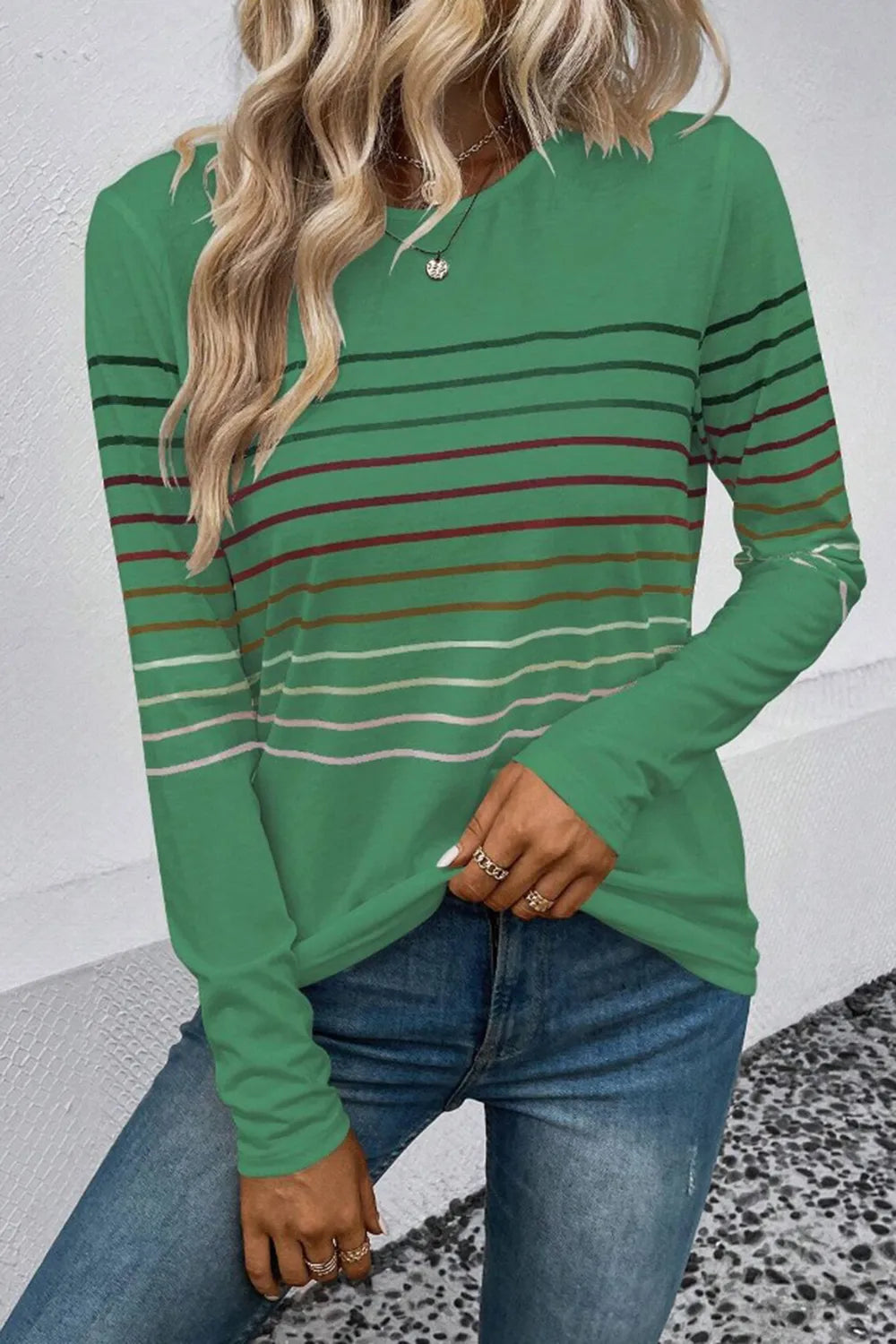 Striped Round Neck Long Sleeve T-Shirt – Trendsi | ClozArt