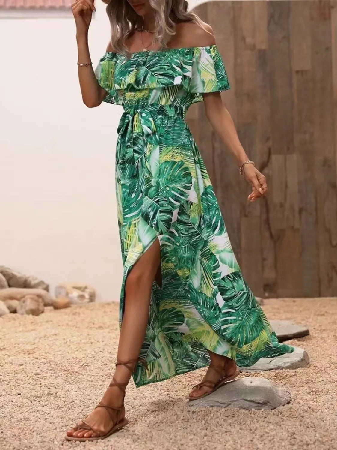 Ruffled Printed Off Shoulder Maxi Dress – Trendsi | ClozArt