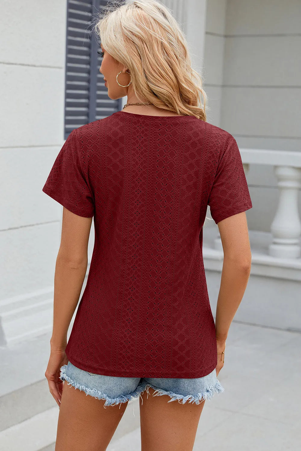 Eyelet Surplice Short Sleeve T-Shirt – Trendsi | ClozArt