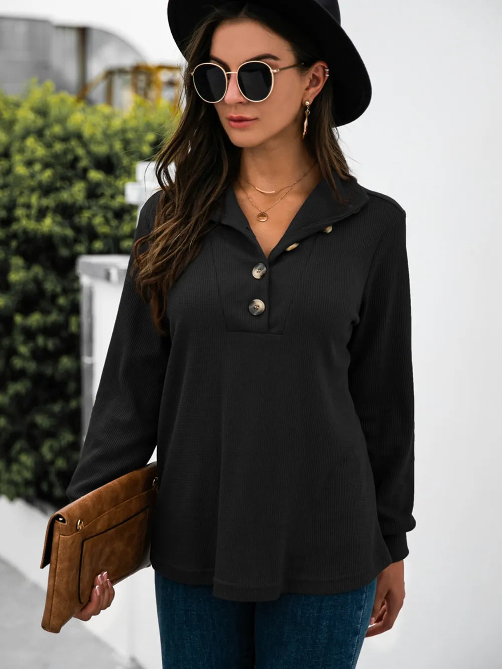 Half Button Long Sleeve T-Shirt – Trendsi | ClozArt
