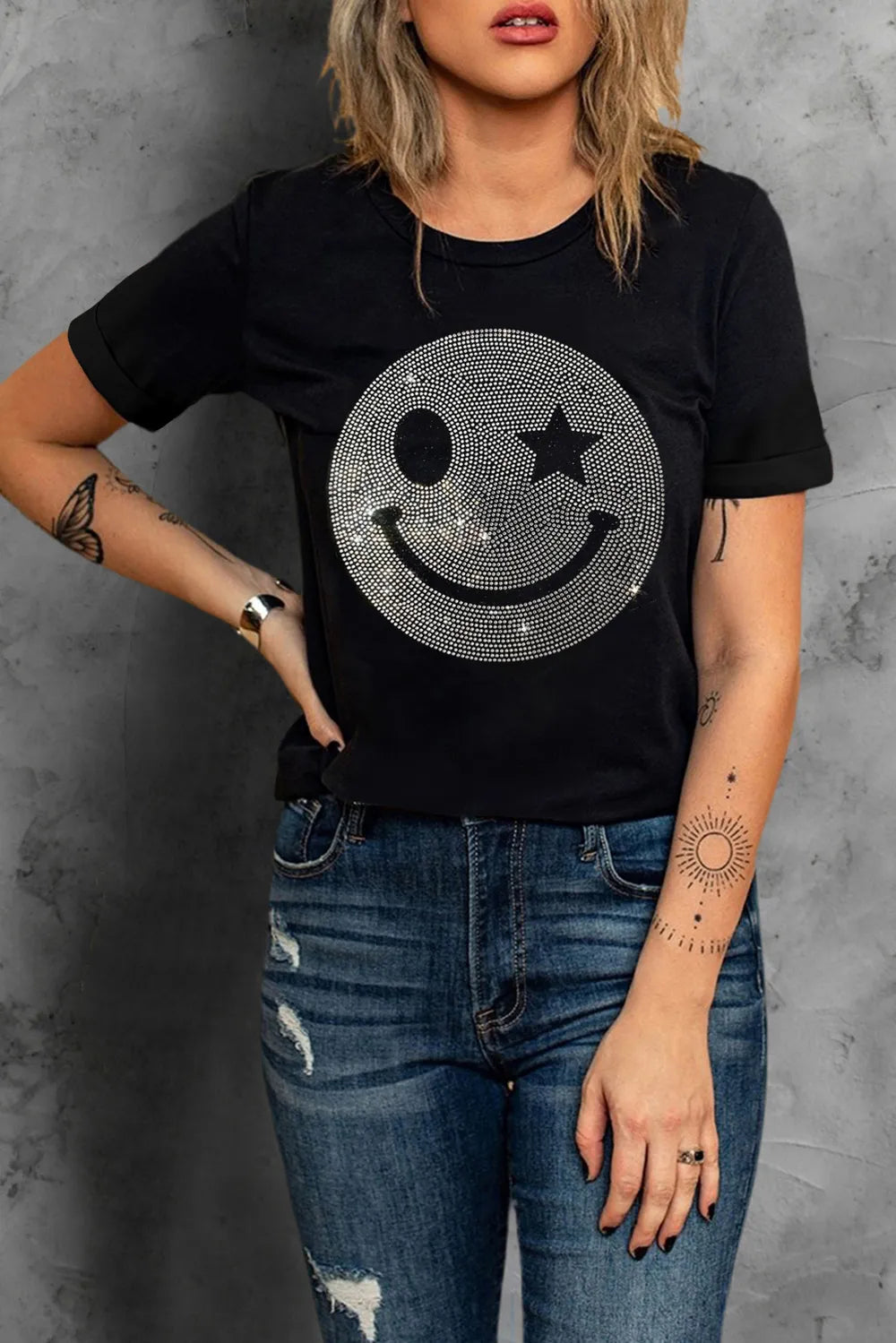 Rhinestone Smiley Round Neck Short Sleeve T-Shirt – Trendsi | ClozArt