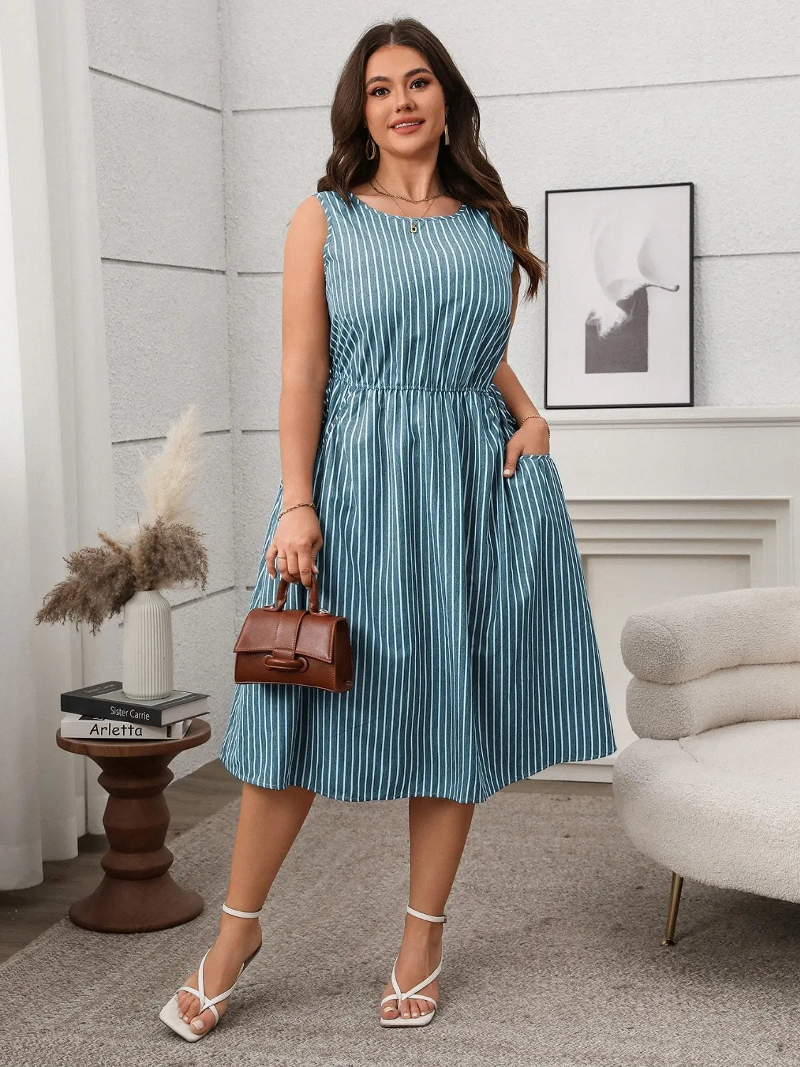 Plus Size Striped Round Neck Sleeveless Dress – Trendsi | ClozArt