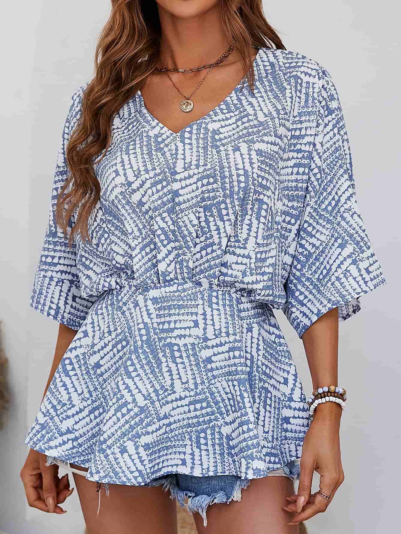 Printed V-Neck Dolman Sleeve Blouse – Trendsi | ClozArt