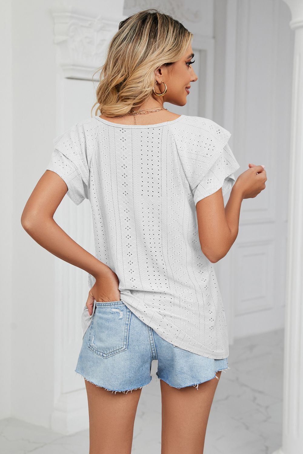 Eyelet Layered Flutter Sleeve V-Neck Knit Top – Trendsi | ClozArt