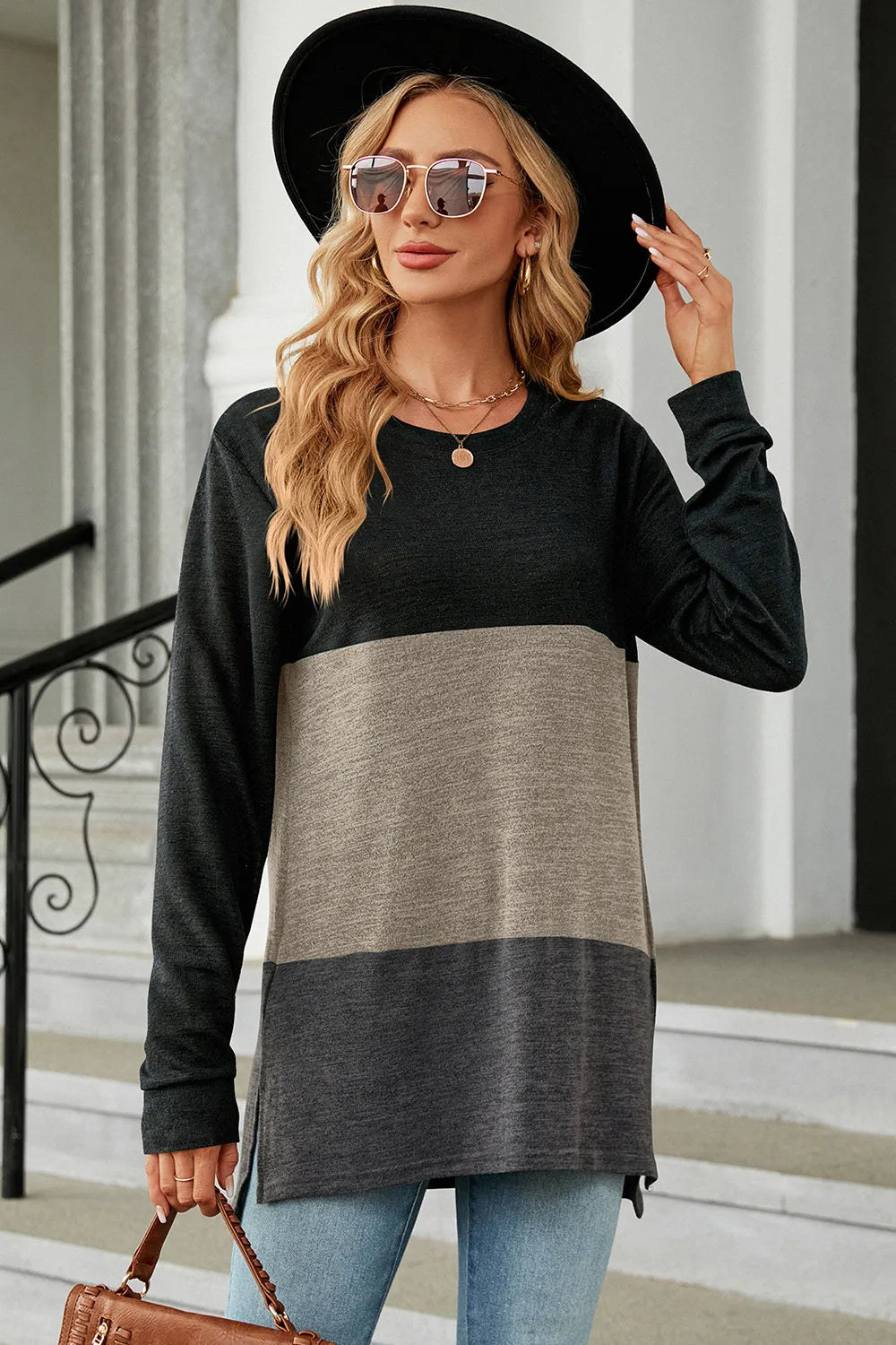 Color Block Round Neck Long Sleeve T-Shirt – Trendsi | ClozArt