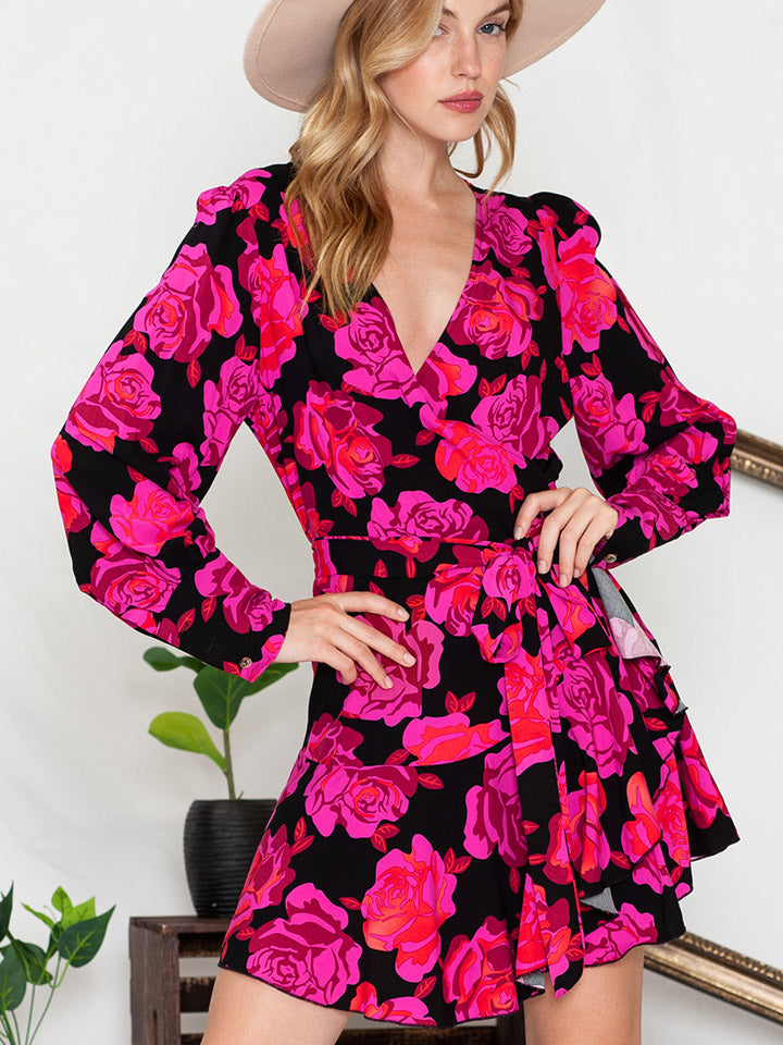 Floral Print Surplice Neck Long Sleeve Dress – Trendsi | ClozArt