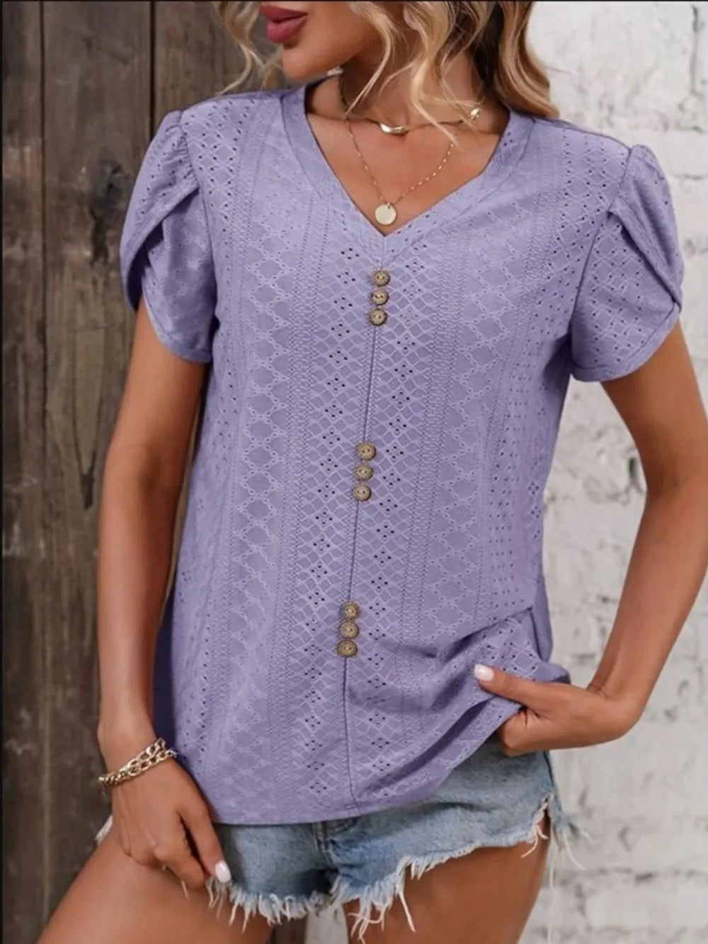 Eyelet V-Neck Petal Sleeve T-Shirt – Trendsi | ClozArt