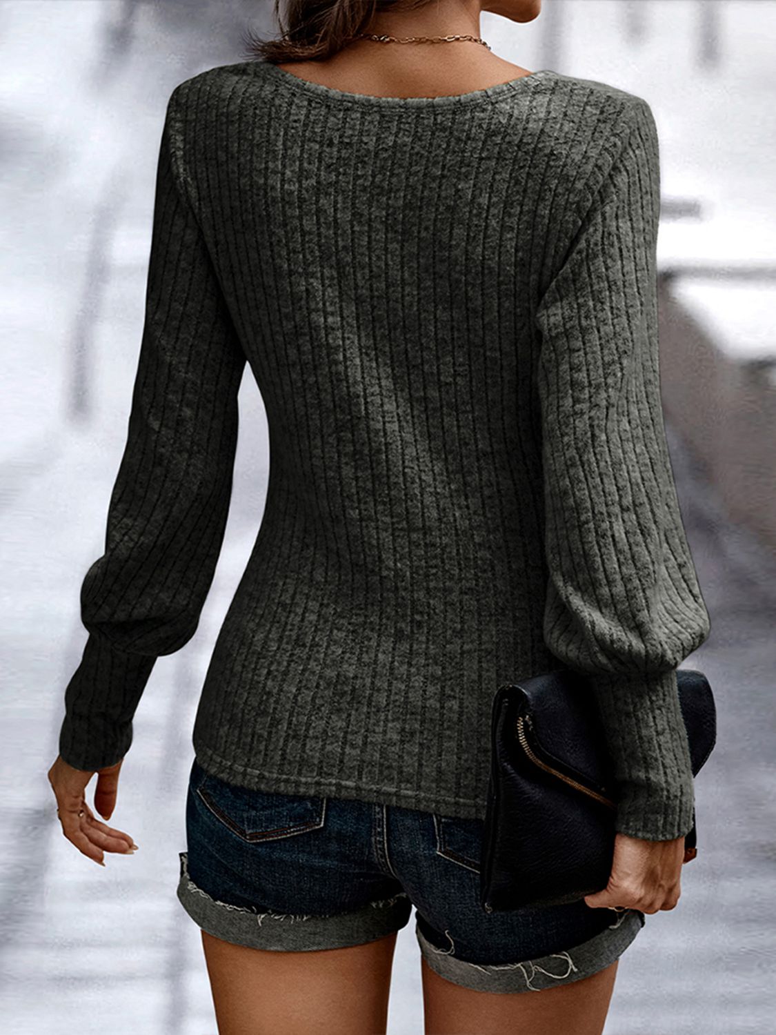 Shiny Ribbed Round Neck Long Sleeve Blouse – Trendsi | ClozArt