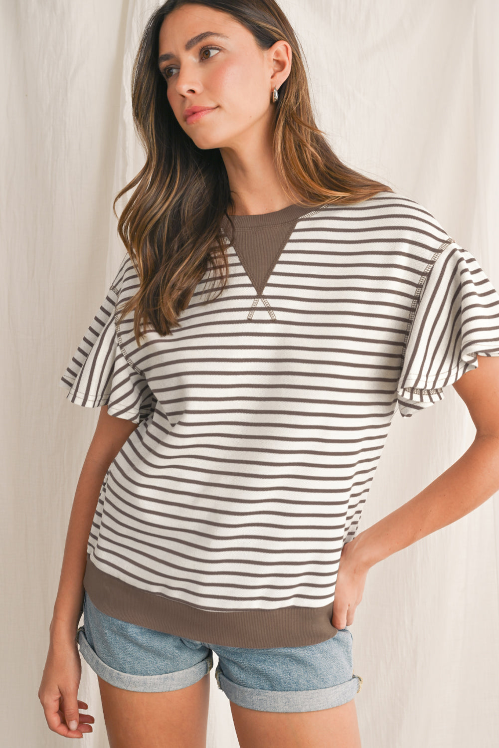 Sachet Pink Striped Ruffle Sleeve Round Neck Top – Shewin | ClozArt