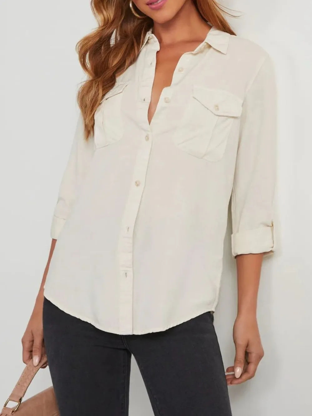 Collared Neck Roll-Tab Sleeve Denim Top – Trendsi | ClozArt