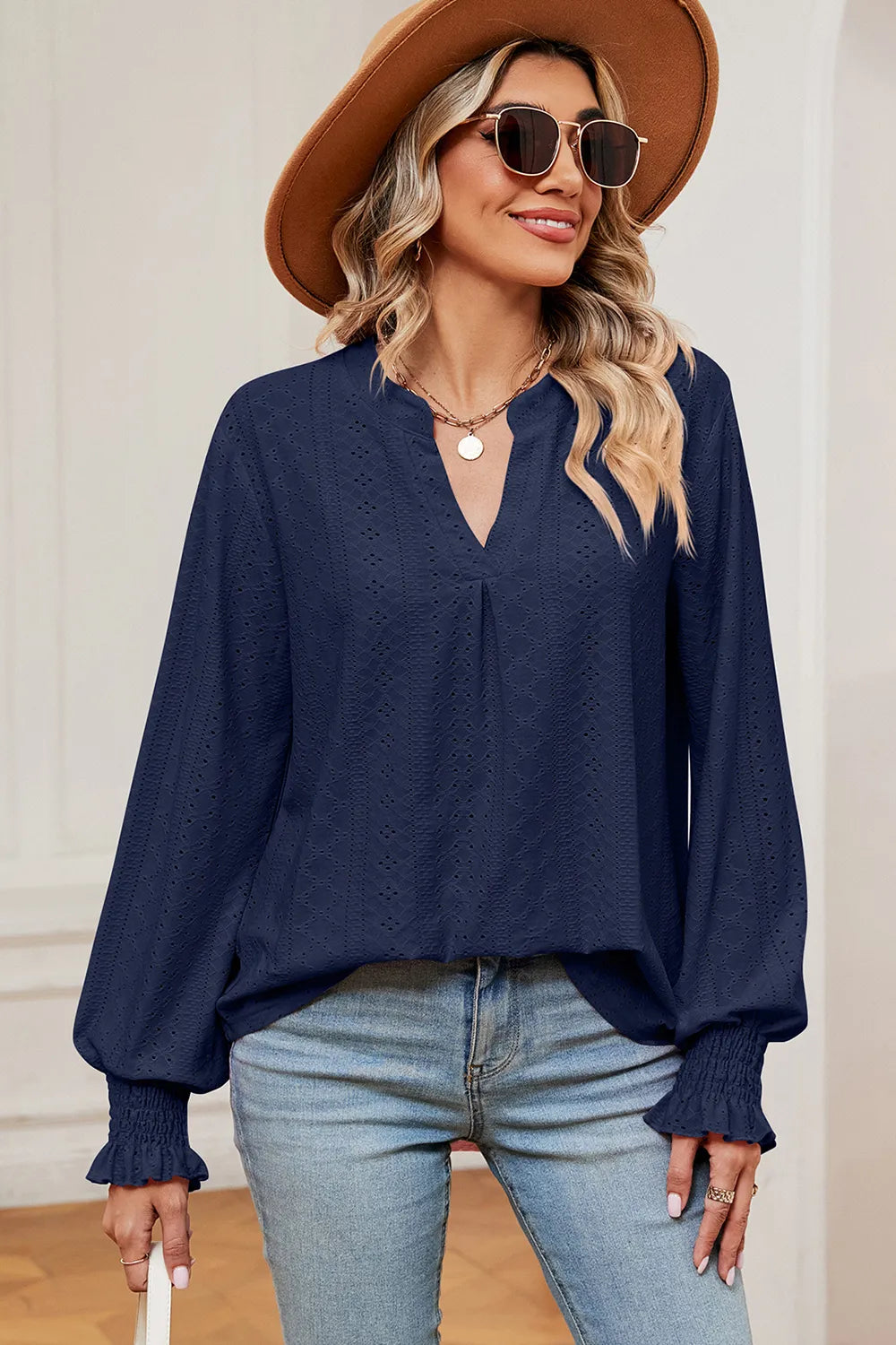 Eyelet Notched Long Sleeve T-Shirt – Trendsi | ClozArt