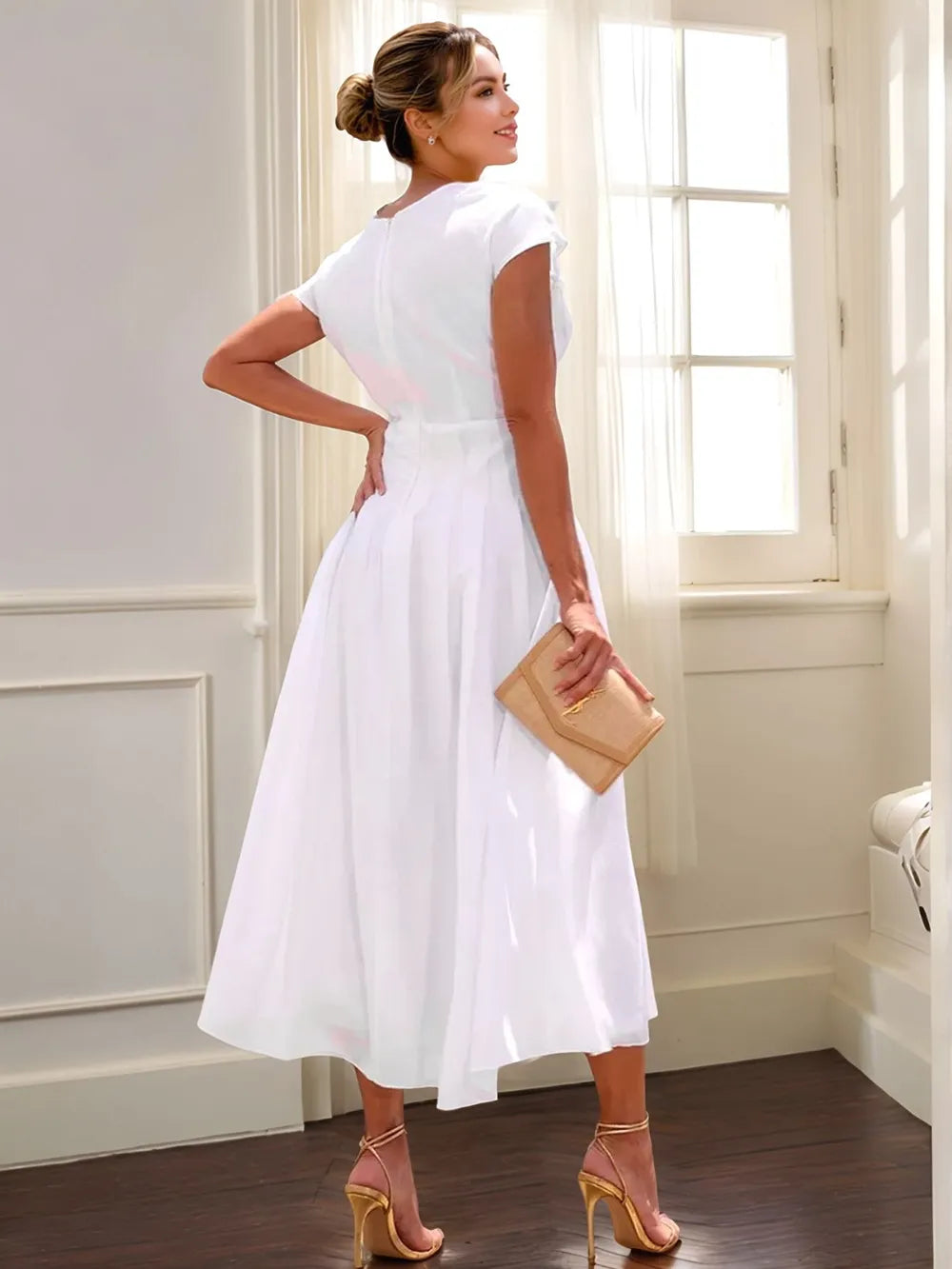 Pleated Detail V-Neck Cap Sleeve Midi Dress – Trendsi | ClozArt