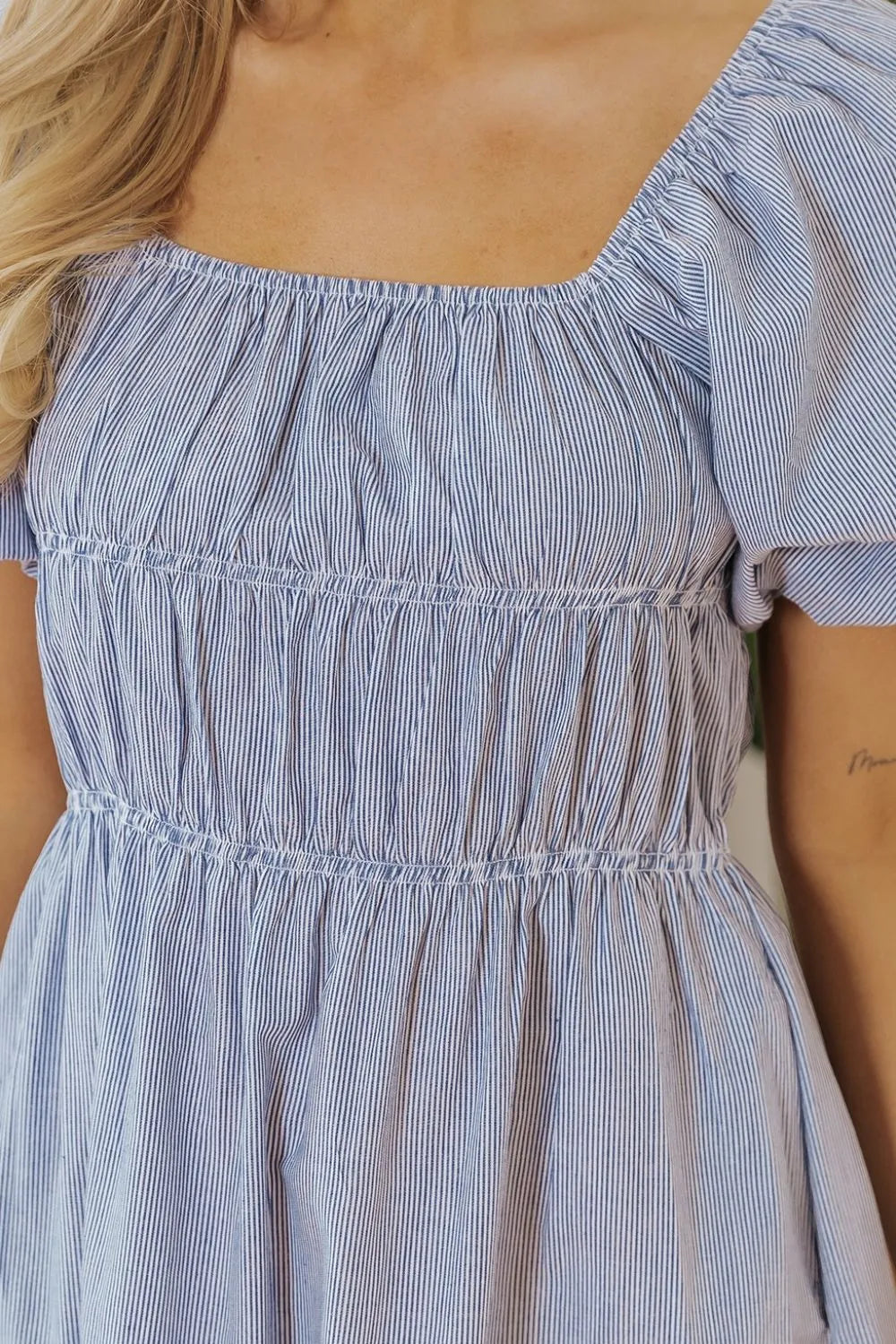 Striped Bubble Sleeve Ruched Babydoll Dress – Trendsi | ClozArt