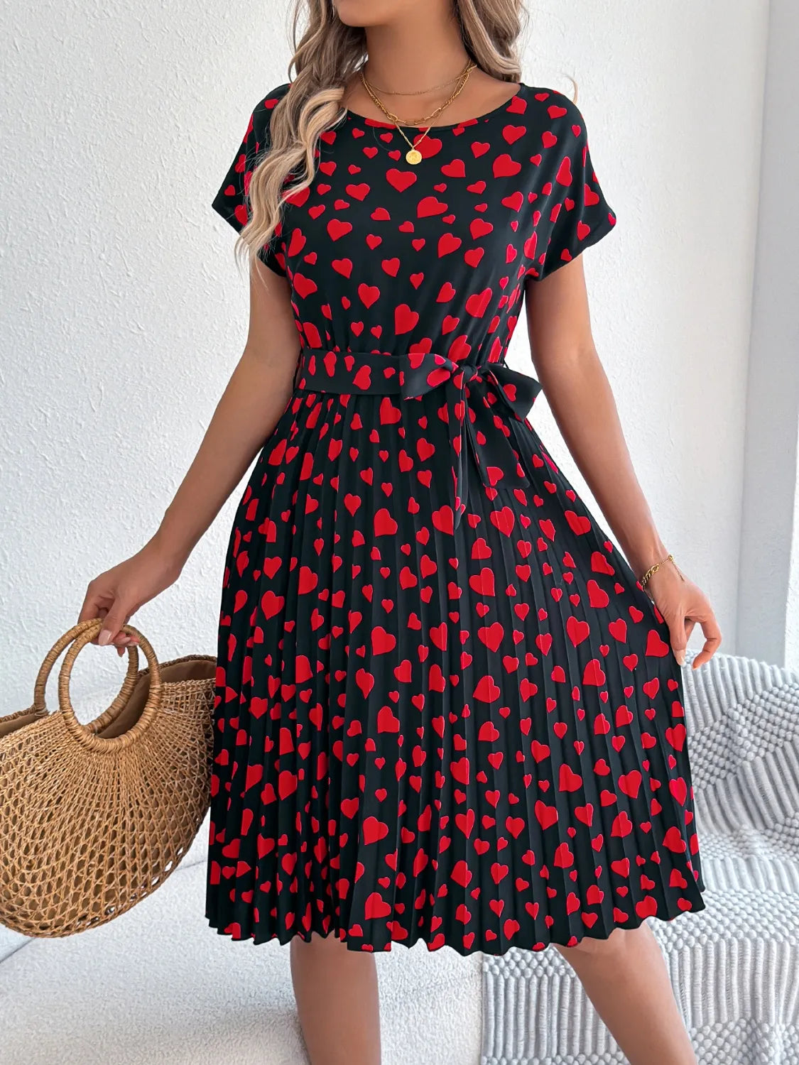 Heart Print Short Sleeve Tie Waist Dress – Trendsi | ClozArt