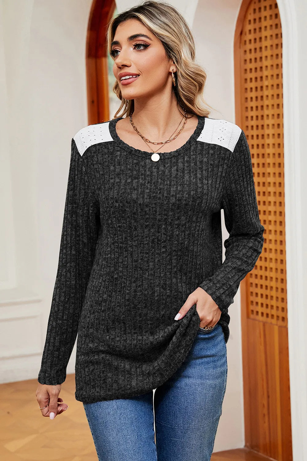 Eyelet Ribbed Round Neck Long Sleeve T-Shirt – Trendsi | ClozArt